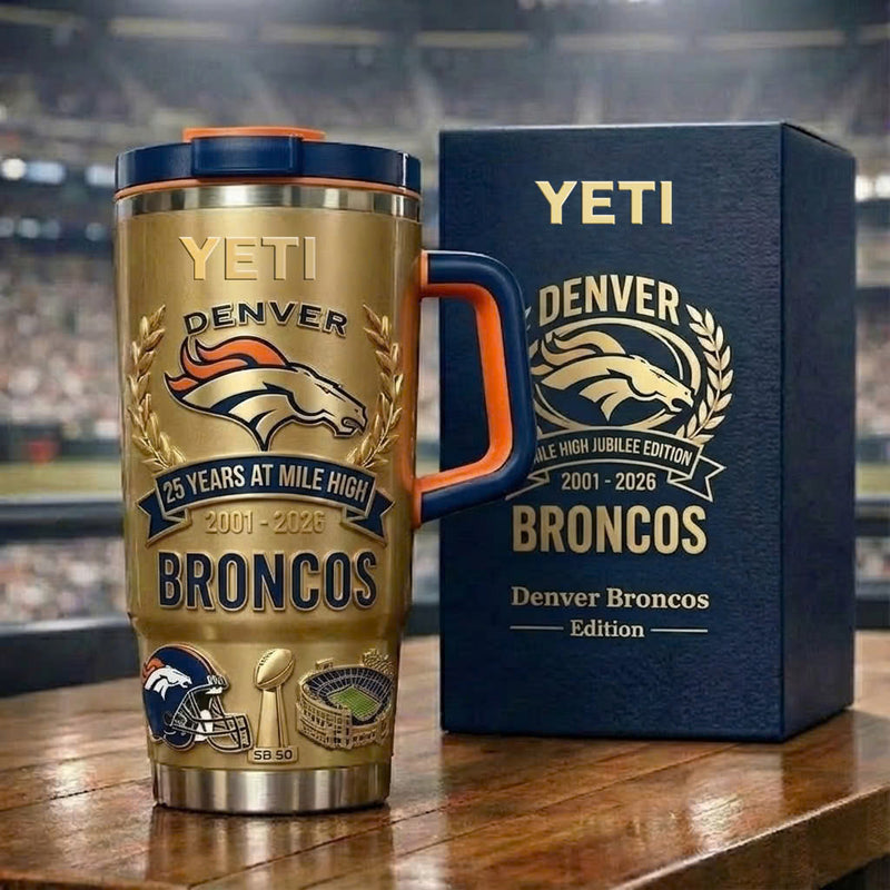 Limited Edition: Denver Broncos "25 Years at Mile High" Gold Yeti Tumbler (2001-2026)